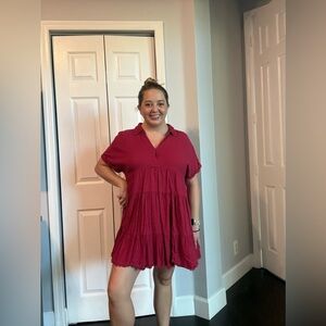 Umgee Burgundy Tiered Babydoll Shirt Dress – Size Large
